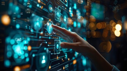 Aufkleber - A hand reaches out to engage with a glowing digital interface, showcasing interactive elements amidst a bustling urban atmosphere
