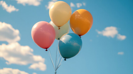 Wall Mural - a bunch of balloons floating in the air with a blue sky in the back ground and clouds in the background, extremely detailed image