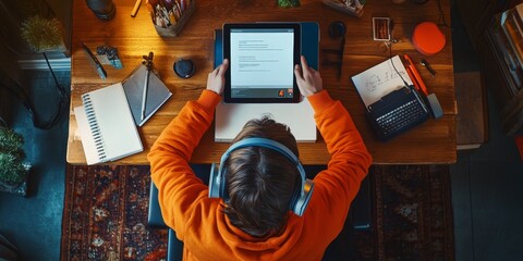 Aufkleber - Detailed view of a person studying at a desk with a tablet and headphones, emphasizing the focus and convenience of remote learning