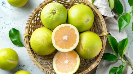 Wall Mural - Fresh Grapefruit Halves on a Wooden Table - Citrus Food Photography Concept with Copy Space