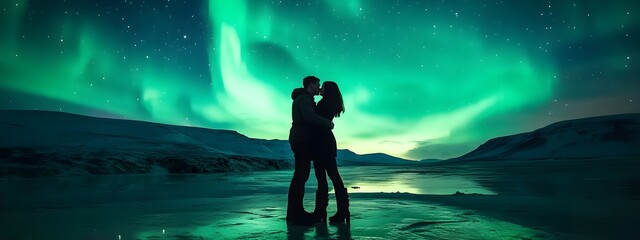 A silhouette of two lovers kissing under the aurora borealis, with an ethereal glow illuminating their faces against a backdrop of a dark blue sky and starry night