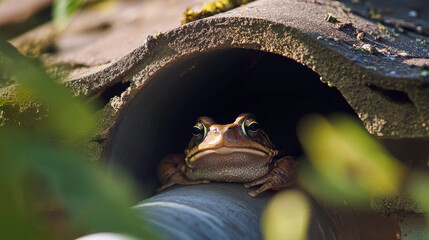 A toad is hiding inside a pipe that carries water away from a roof. --ar 16:9 --v 6.1 Job ID: f97973a4-f017-402e-a47f-a45b28b53b25