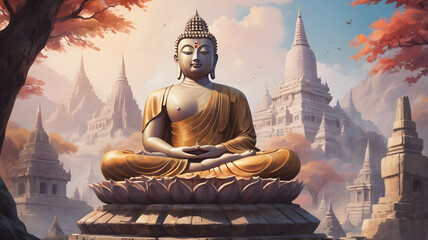 buddha statue at temple, ai generated