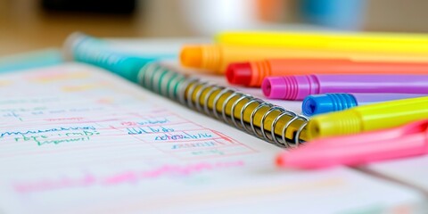 Aufkleber - Macro shot of a lesson plan book with handwritten notes and markers, highlighting the preparation and organization of teaching materials
