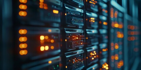 Poster - Close-up of a data center with servers processing AI algorithms, capturing the scale and power behind artificial intelligence systems