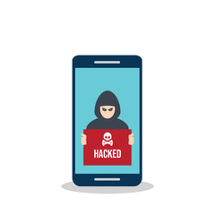 Canvas Print - Hacker holding hacked notification on smart phone. Flat style vector illustration, hacking concept.	