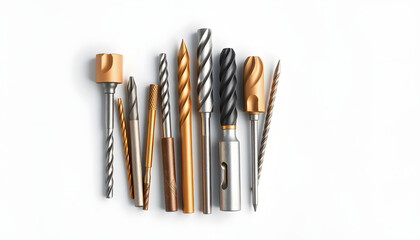 Different drill bits on light grey background isolated with white highlights, png