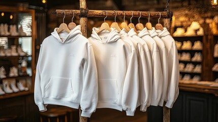 Wall Mural - White hooded sweatshirts on hangers. Perfect for showcasing clothing brands or fashion trends.