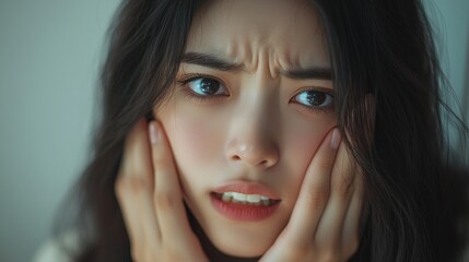 Poster - A young woman with intense eyes and expressive features appears deep in thought, her hands resting on her face as she contemplates
