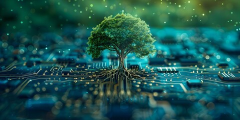 Digital Tree Rooted in Circuit Board Representing Green IT Solutions