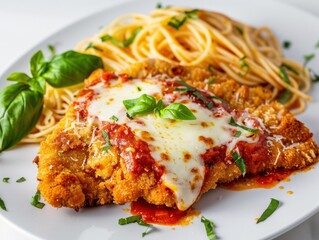 A delicious plate of chicken parmesan served with spaghetti and garnished with basil.