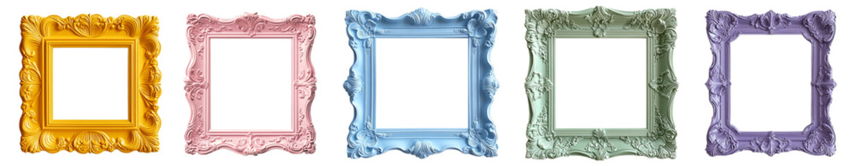 ornate picture frames in bright colors with intricate details vintage style transparent background