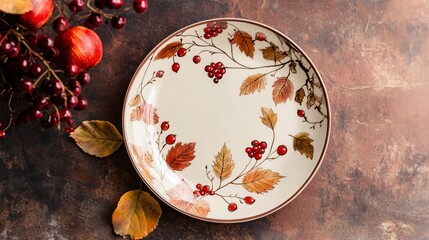 Wall Mural - Elegant ceramic plates with intricate fall motifs like golden leaves and deep red berries, set against a warm autumnal backdrop