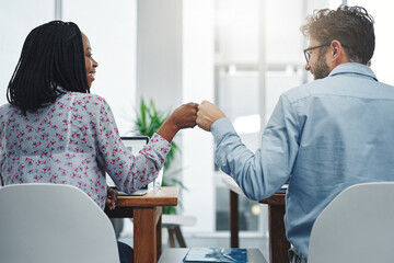 Aufkleber - Man, woman and fist bump for small business, celebration and creative startup with online web design. Designers, diversity and digital website for internet service, project management and ux proposal