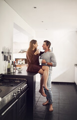 Poster - Chat, hug and couple in kitchen with coffee, morning discussion and bonding together in home. Drink, happy man and woman embrace with care, connection and relax with relationship support in apartment