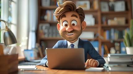 Wall Mural - Cartoon 3D businessman typing on a laptop in a modern office