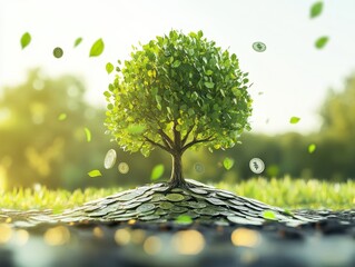 Tree Growing from Pile of Coins Symbolizing Financial Growth and Environmental Sustainability