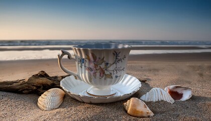 close-up view of an old, cracked teacup partially buried in soft, golden sand. The cup, adorned with a delicate, faded floral pattern, sits as a nostalgic relic from a bygone era