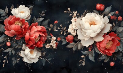 Wall Mural - Red and White Peonies with Green Leaves on Black Background