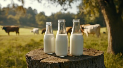 Three Milk Bottles on a Tree Stump in a Pastoral Setting