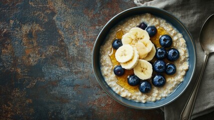 a bowl of creamy oatmeal topped with sliced bananas