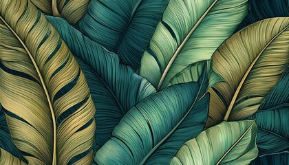 Wall Mural - Vintage tropical green brown leaves, beige background, golden texture. Luxury mural, premium wallpaper. 3d painting illustration, watercolor design. 