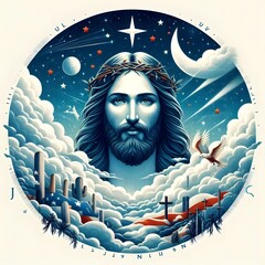 Jesus Christ in the Clouds with Stars and Moon