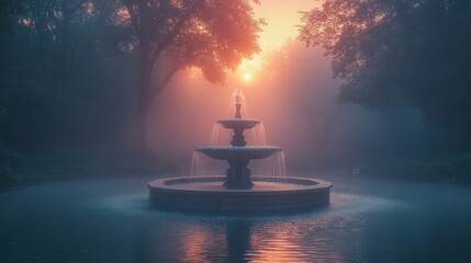 Poster - Fountain in Misty Sunrise