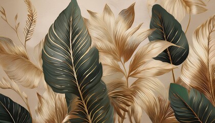 Wall Mural - Vintage tropical green brown leaves, beige background, golden texture. Luxury mural, premium wallpaper. 3d painting illustration, watercolor design. 