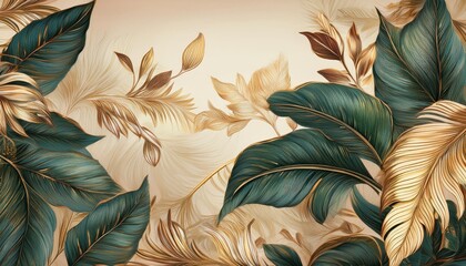 Vintage tropical green brown leaves, beige background, golden texture. Luxury mural, premium wallpaper. 3d painting illustration, watercolor design. 