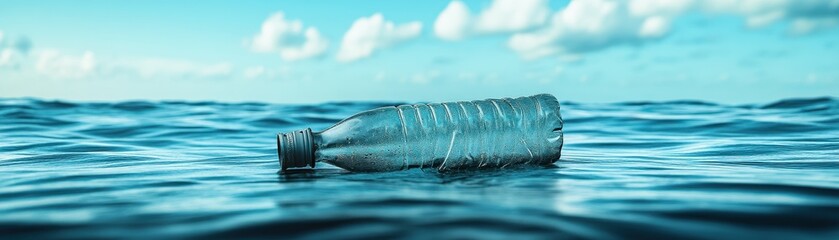 Wall Mural - Plastic Bottle Floating in Ocean Water Under a Bright Blue Sky with Fluffy Clouds