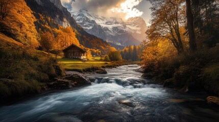 Wall Mural - Autumnal River in the Swiss Alps