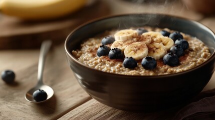 a steaming bowl of oatmeal topped with sliced bananas