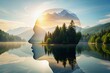© Man888 - Soothing outline of a human head containing a peaceful landscape with trees, mountains, and a serene lake, conveying inner calmness and mental serenity with ample copy space.