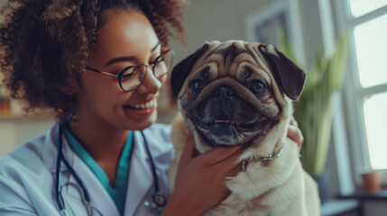 Poster - Compassionate female vet petting a Pug during a routine check-up, modern veterinary clinic