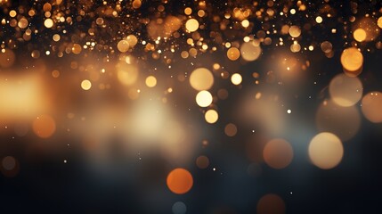 Abstract gold bokeh lights on a dark background.