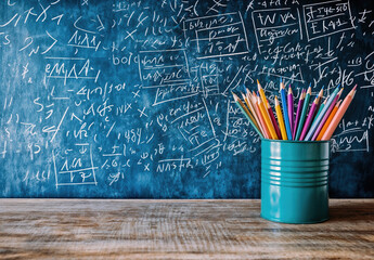 Aufkleber - Colour pencils are arranged in a cup on a wooden table against a messy chalkboard with math problems in a back to school concept image