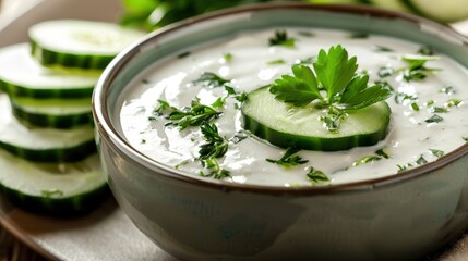 Wall Mural - A bowl of white soup with cucumber slices on top