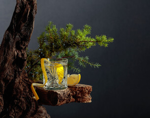 Poster - Cocktail gin-tonic with lemon in a crystal glass on an old board.