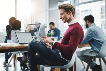 Aufkleber - Man, tablet and smile for small business, research thinking and creative startup with online web design. Designer, technology and website for internet service, project management and ux proposal