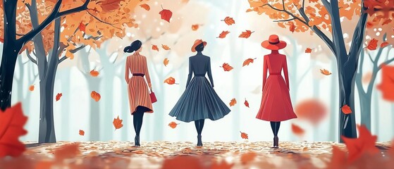 An elegant runway show set in an autumn park, with models wearing stylish fall clothing and leaves gently floating down around them