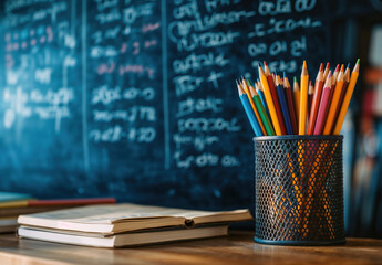 Aufkleber - Colorful pencils in a pen holder standing on a table with an open book and a blurred chalkboard background