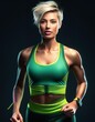 © Roberto - portrait of a blonde woman runner wearing a green top on black background