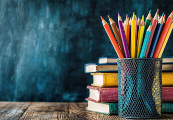 Aufkleber - Colorful pencils standing in pencil holder, stack of books over chalkboard background for back to school concept