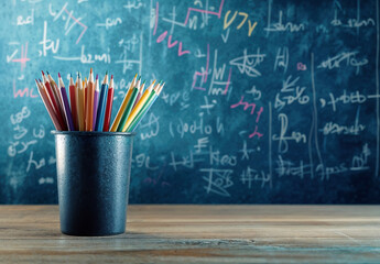 Aufkleber - Colorful pencils standing in a cup on a school desk in front of a blackboard background and copy space