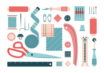 Wall Mural - Set materials for sewing and needlework. Tailoring elements collection. Sew tools, equipment and accessories for atelier, dressmaker. Threads, buttons, needle, scissors for hobby. Vector illustration