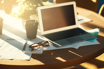 Aufkleber - Laptop, screen and desk with documents in office with coffee, glasses and financial info in morning. Computer, blank and mock up space with paperwork, charts and notebook for project review in room