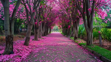 Pink cherry blossom in the park with path and foggy background