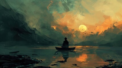 Wall Mural - A man is sitting in a boat on a lake at sunset