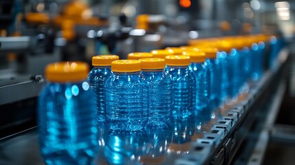 Poster - Bottles filled with bright blue water glide smoothly along a conveyor belt in a busy production facility